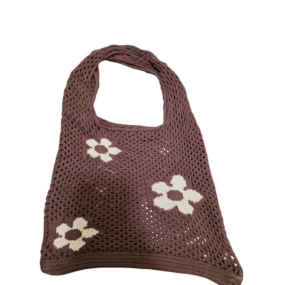 Urban Outfitters Crochet Brown Mesh Shoulder Bag Cream Floral Pattern Size M